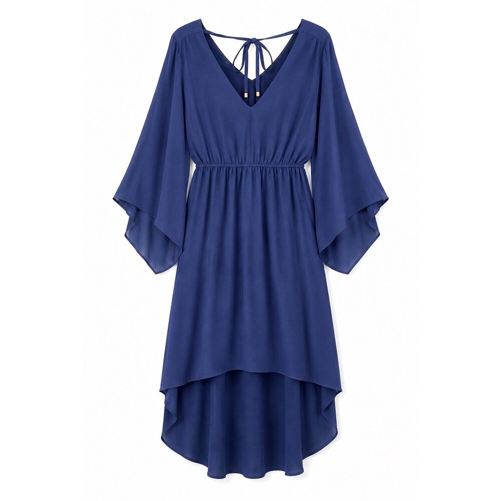 Very J Dress Women's Large Navy Blue Hi Low Flutter Sleeve V Neck Polyester
